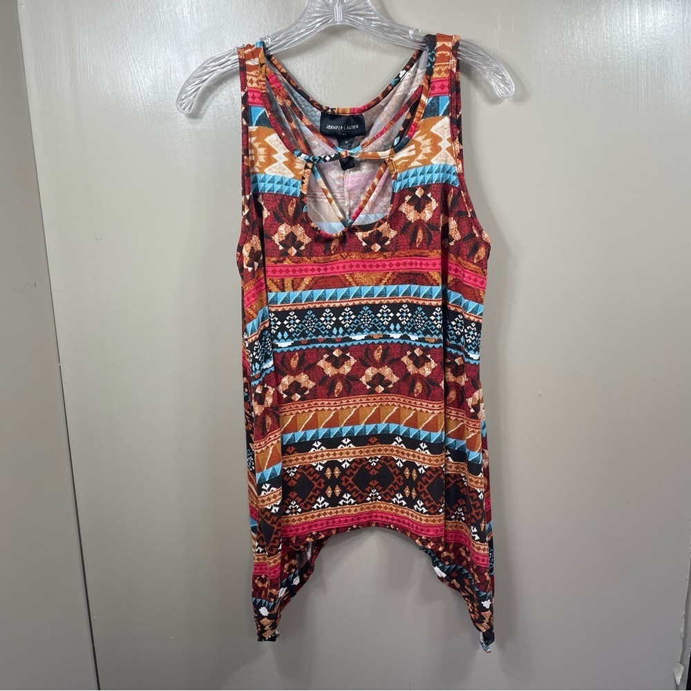 Jennifer Lauren Plus Southwestern Sharkbite Tank Top 1X Red Blue Geometric‎ Boho
